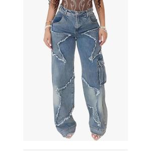 Women's Y2K Baggy Cargo Jeans High Waisted Ripped Star Tassel Fringe Denim Pants Flap Pocket Stretch Streetwear, L