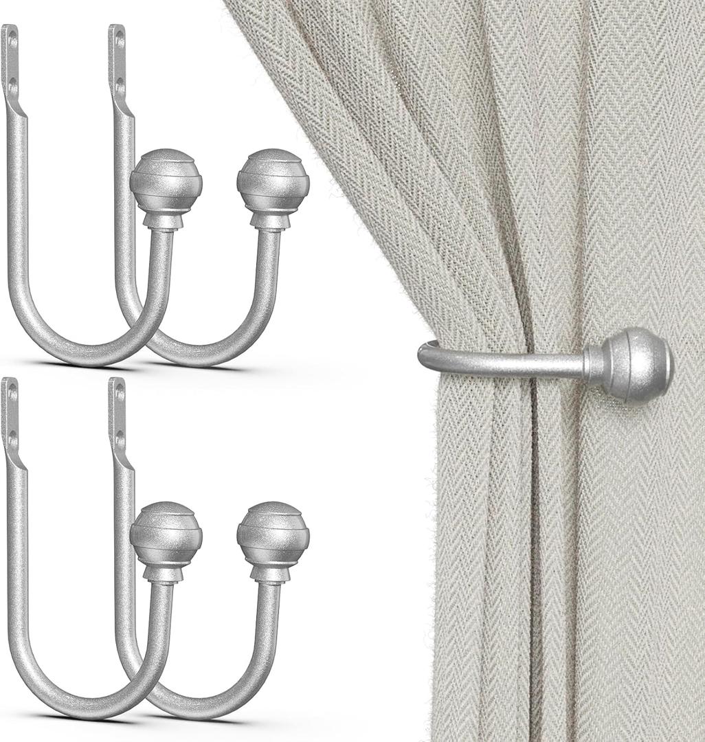 Hion Curtain Holdbacks Silver 4pcs, Curtain Tiebacks Wall Mounted Curtain Hooks Holders for Drapes