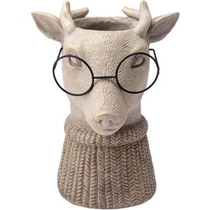 Napco Reindeer Wearing Sweater and Glasses - 7.25 Inch Tan Cement Standing Indoor or Outdoor Planter Pot
