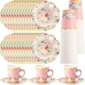Domensi 60 Pieces Tea Party Decorations Include 30 Pcs 9 oz Paper Cups with Handle and 30 Pcs Tea Party Paper Plates Disposable Blossom Teacups and Saucers for wedding Favors(Elegant)