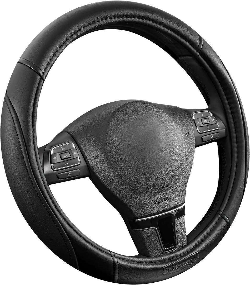 Rubbermaid Steering Wheel Cover  Universal Fit 14.5"15" Steering Wheel Cover, Anti-Slip Grip, Breathable Leather, All-Season Protection, Interior Upgrade for Cars, Trucks, SUVs - Black