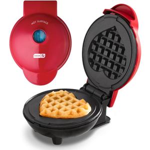 Dash Mini Waffle Maker- Mini Machine for Creative Homemade Treats - Nonstick Iron with Unique Print Design - Stylish Waffle Machine - Red Heart (1 Pack)