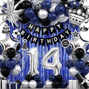 14th Birthday Decorations for Boys and Girls, Black Blue Silver Happy Birthday Number 14 Balloons, Banner, Fringe Curtains Garland Kit - 14 Year Old Party Supplies