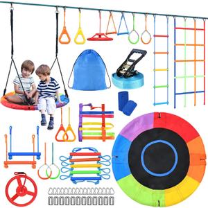 Hapfan 50 FT Ninja Warrior Obstacle Course Swing Set for Kids with Weather-Proof Accessories, Outdoor Playset with Monkey Bars for Backyard