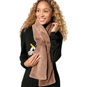 Faux Fur Scarf with Hidden Zipper Pocket, Womens Scarf with Pockets, Pull Through Winter Scarfs for Cold Weather, Brown