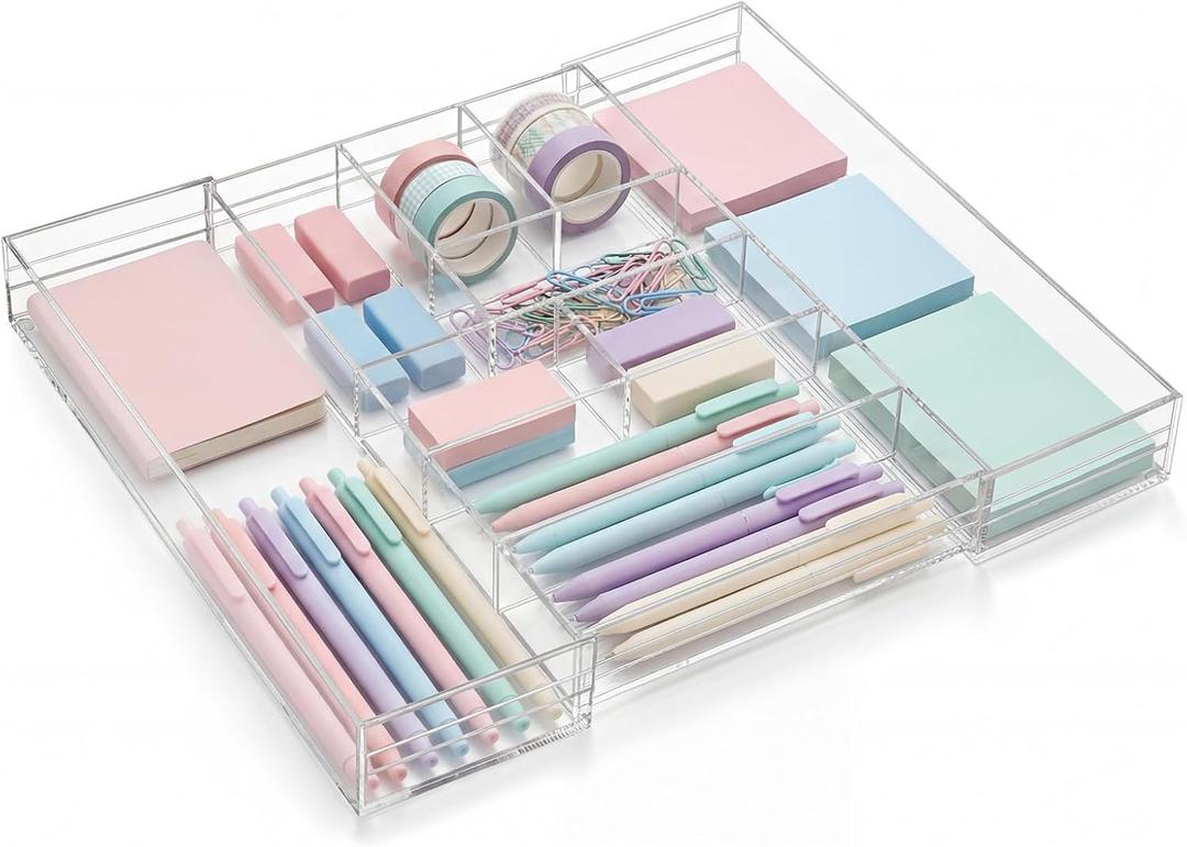 Briwooody 1 Pcs Acrylic Desk Drawer Organizer 9'' up to 17'' x 15'' x 2.1'' Expandable Drawer Organizer Trays with 9 Adjustable Compartments Clear Desk Accessories for Makeup Office Bathroom (Classic)