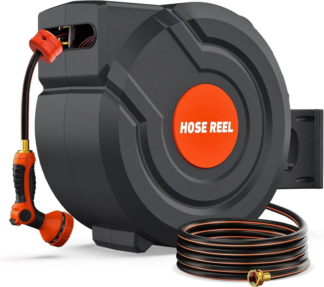 100FT Retractable Garden Hose Reel 5/8 Inch Heavy Duty Wall Mounted Retractable Hose Reel with 9-Pattern Nozzle, 180° Swivel Auto Rewind, Any Length Lock Water Hose Reel for Yard Garden Car Washing