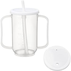 Sliner Adult Sippy Cups for Elderly 12 oz Straw Sippy Cups with 2 Handles No Spill for Adults Spill Proof Dysphagia Cup for Disabled Patients (White)