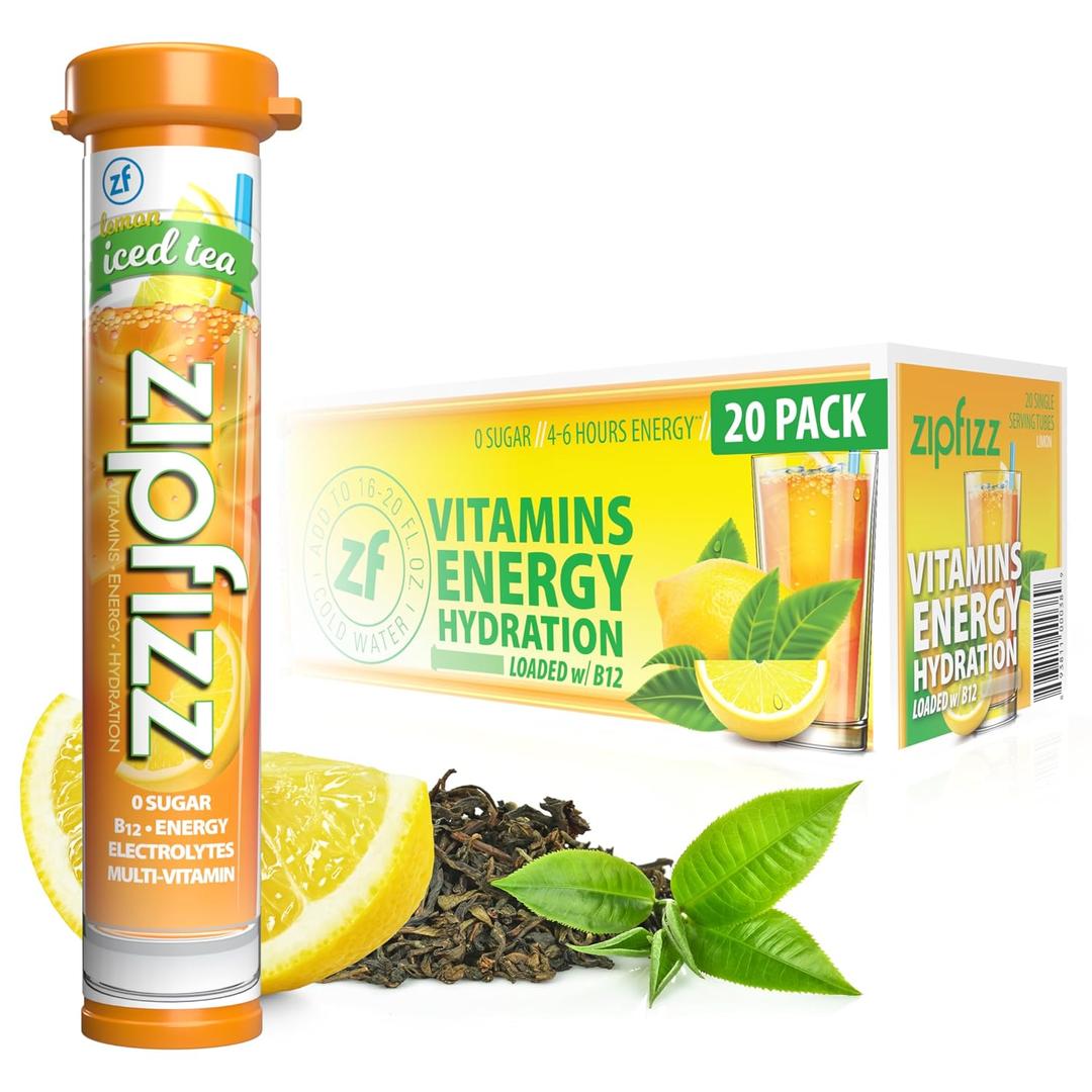 Zipfizz Daily Energy Drink Powder, Lemon Iced Tea, 20 Pack | 3-in-1 Sustained Energy, Rapid Hydration, and Essential Vitamins | Sugar-Free | Electrolyte Powder | Contains Vitamin B-12 & Antioxidants (EXP 08/31/26)