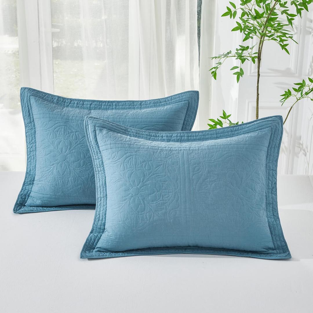 WINLIFE 100% Cotton Quilted Pillow Sham Floral Printed Pillow Cover Standard Size (Mineral Blue) (26" x 20" (Pack of 2))