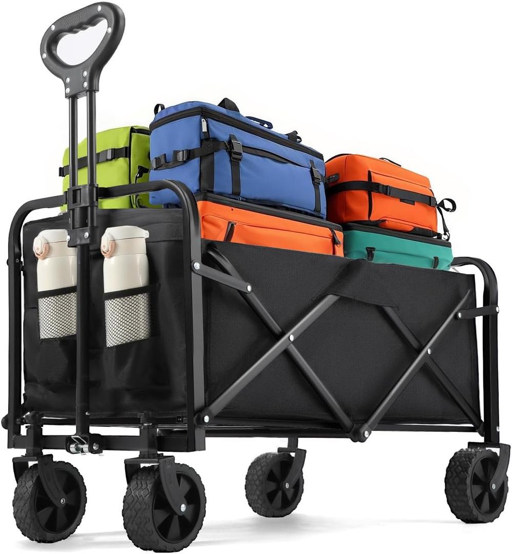 Collapsible Wagon 220 lbs, Heavy Duty Wagon Carts Foldable, Portable Wagons for Groceries, Beach Cart with All-Terrain Wheels & Drink Holders, Utility Wagon for Shopping, Sports, Camping, Black