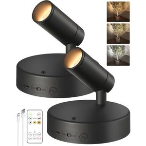 EZVALO Spotlights Indoor with Remote,5500mAh Rechargeable Plant Spotlight Indoor, Wireless LED Uplighting with TimerDimmable, 3CCT,Mini Spot Lights for Painting,Artwork,Accent Lighting (2 Pack-Black)