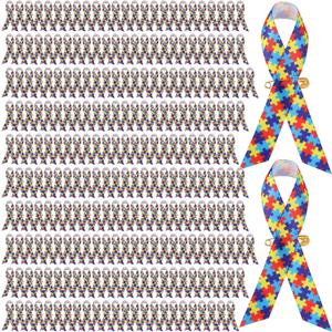 300 Pcs Autism Awareness Ribbons Autism Puzzle Fabric Awareness Ribbons with Safety Pins Lapel Pin Satin Ribbon for Charity Public Social Event Welfare Supplies