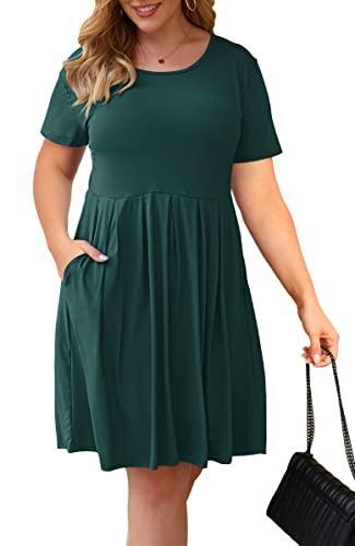 AUSELILY Women's Solid Plain Plus Size Round Neck Short Sleeve Pleated Swing Dress with Pockets Knee Length(L,Dark Green)