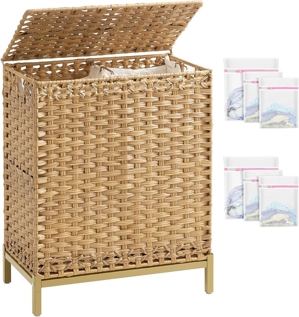 Laundry Hamper with Lid, 112 L Handwoven Rattan Wicker Laundry Basket, 2 Removable Liner Bags Metal Heightened Feet, 6 Mesh Bags, 2 Section Large Clothes Hamper for Bathroom Bedroom, Natural