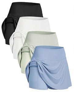 Real Essentials 4 Pack: Women's Ribbed Active Skort Pockets Skirt Running Tennis Golf Workout Sports, Large