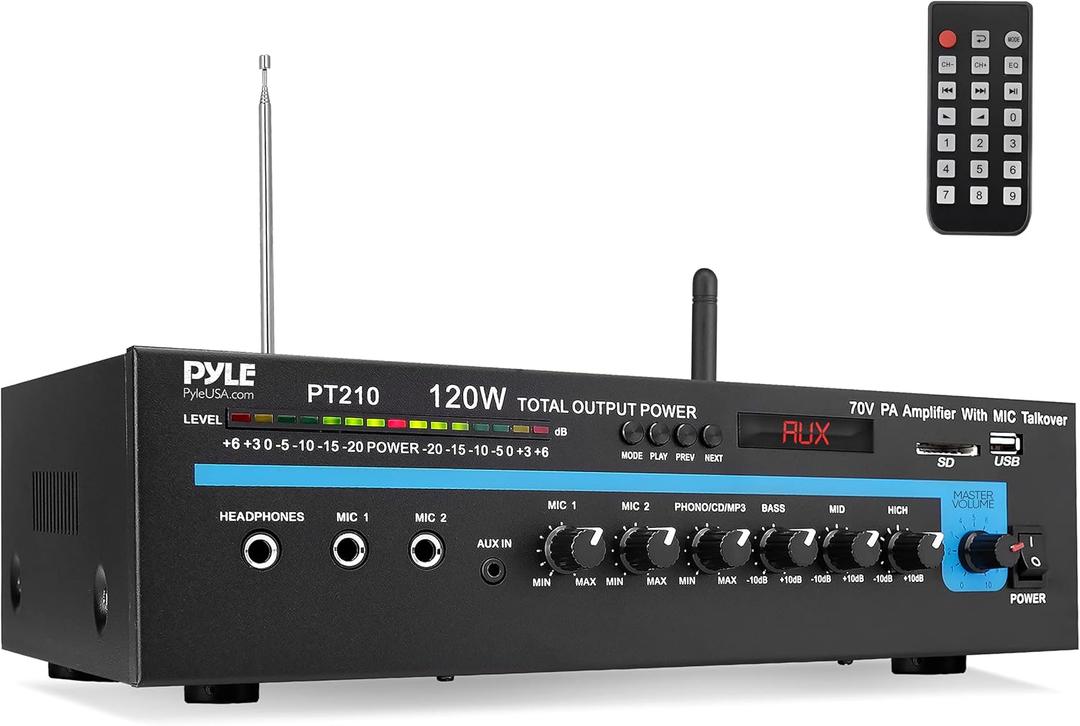Pyle Home Compact Public Address Mono Amplifier - Professional 120 Watt Home Power Audio Sound PA Speaker Receiver System w/ RCA, Headphone, 2 Microphone Inputs, Independent Volume Control - PT210