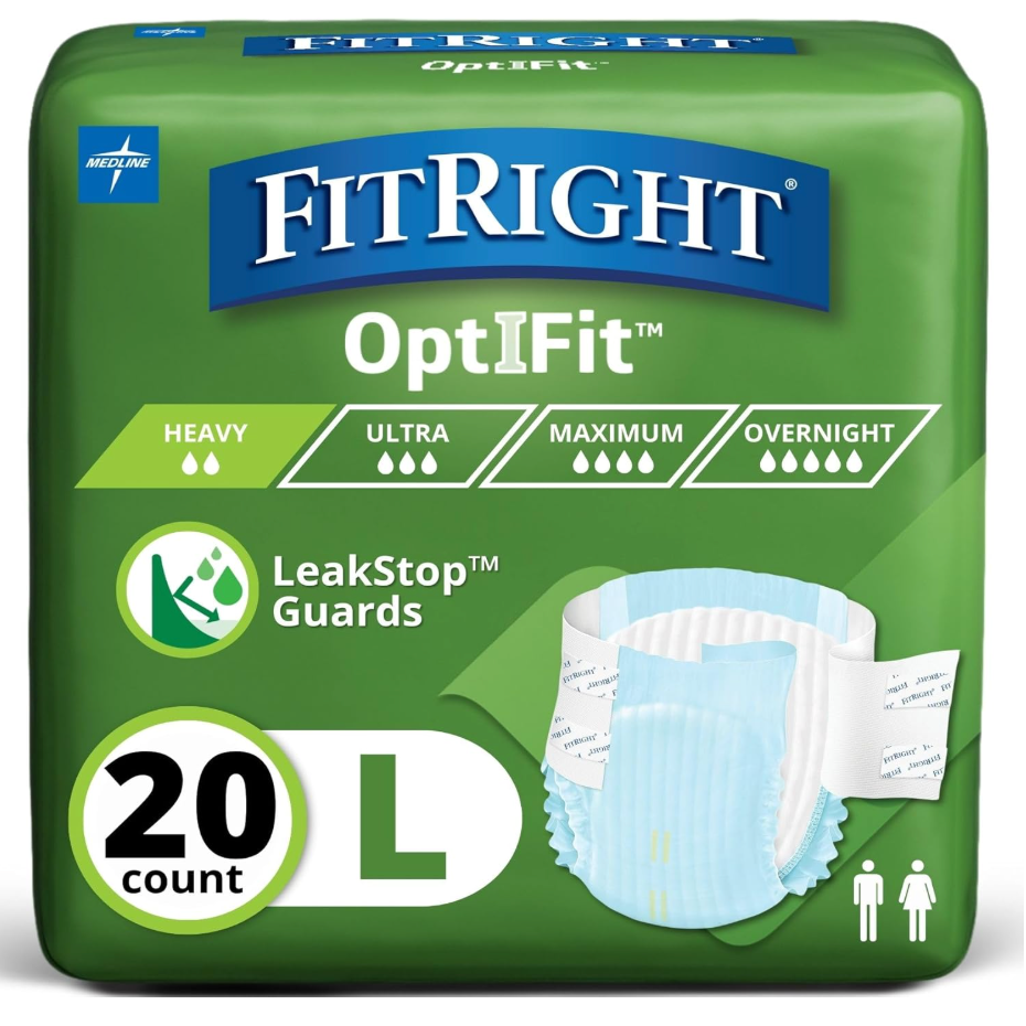FitRight Adult Diapers, Ultra Heavy Absorbency, L (Waist Size 44in-56in), 80 Count, OptiFit Incontinence Briefs for Men and Women, Disposable, Moisture-Wicking, Leak Protection, Pack of 4