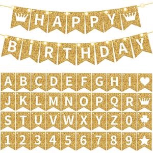 TaoBary 135 Pcs DIY Banner Custom Letters Kit Make Your Own Banner for Birthday Graduation Party Decor Include 107 Letters and Numbers, 16 Symbols, 2 String Lights, 5 Needles, 5 Rope (Gold)