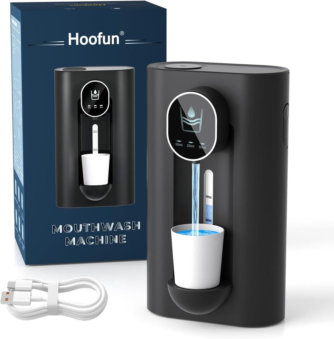 Hoofun Automatic Mouthwash Dispenser for Bathroom,18.26Oz Wall Mounted with Magnetic Cups, 3 Dispensing Level, Smart Mouthwash Dispenser for Kids Adult, Bathroom Accessories Black
