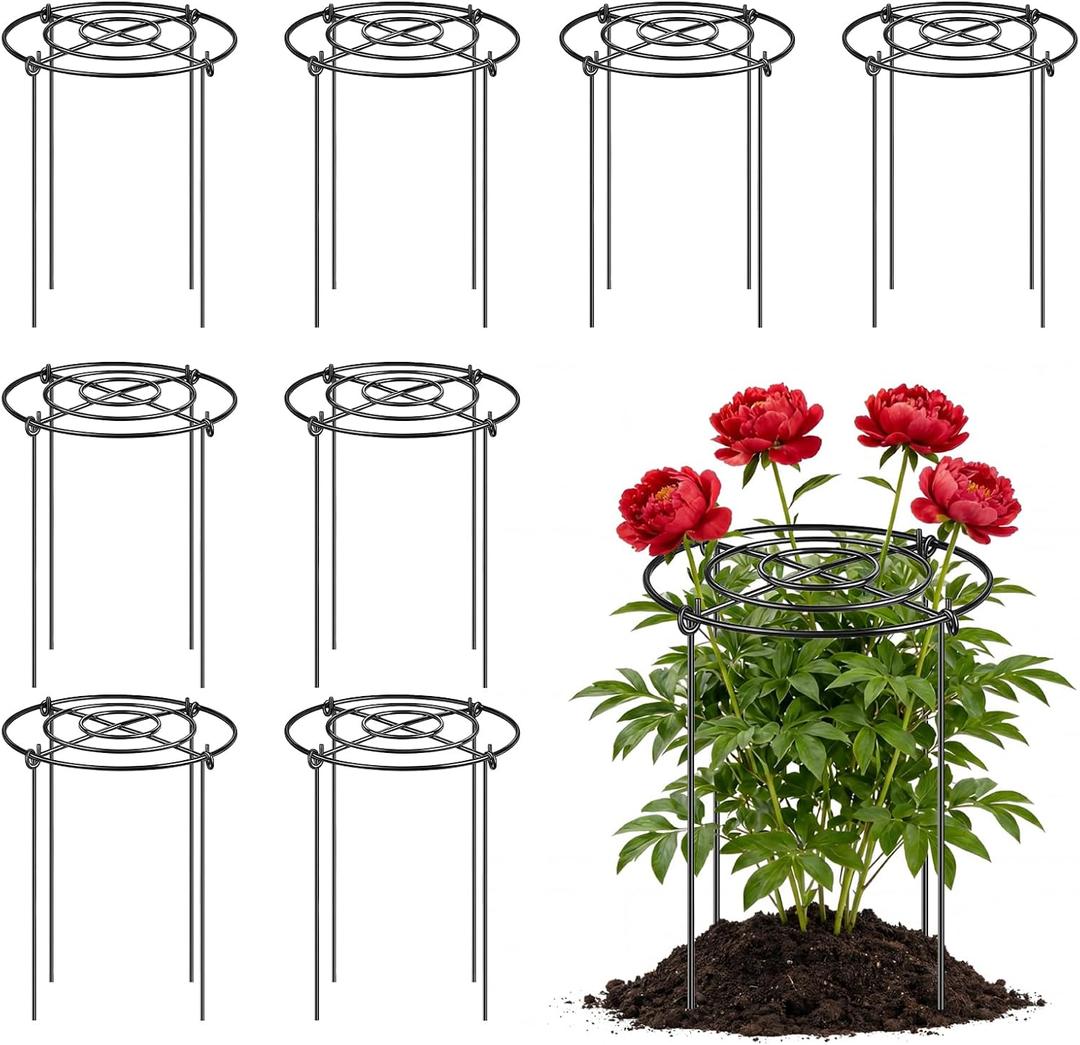Peony Cages and Supports 8 Pack, 12x16 Inch Heavy Duty Metal Plant Cage for Outdoor Plants Grow Through Flower Support Rings for Peonies, Roses, Tomatoes & Hydrangeas
