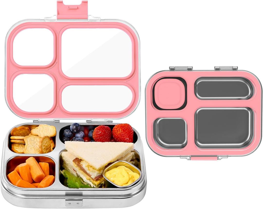 MISS BIG Stainless Steel Bento Box for Kids, 28oz 4 Compartments Lunch Box with Clear Lid and Lidded Sauce Cup, 304 Metal Food Container, BPA-Free, Dishwasher Safe for SchoolPink