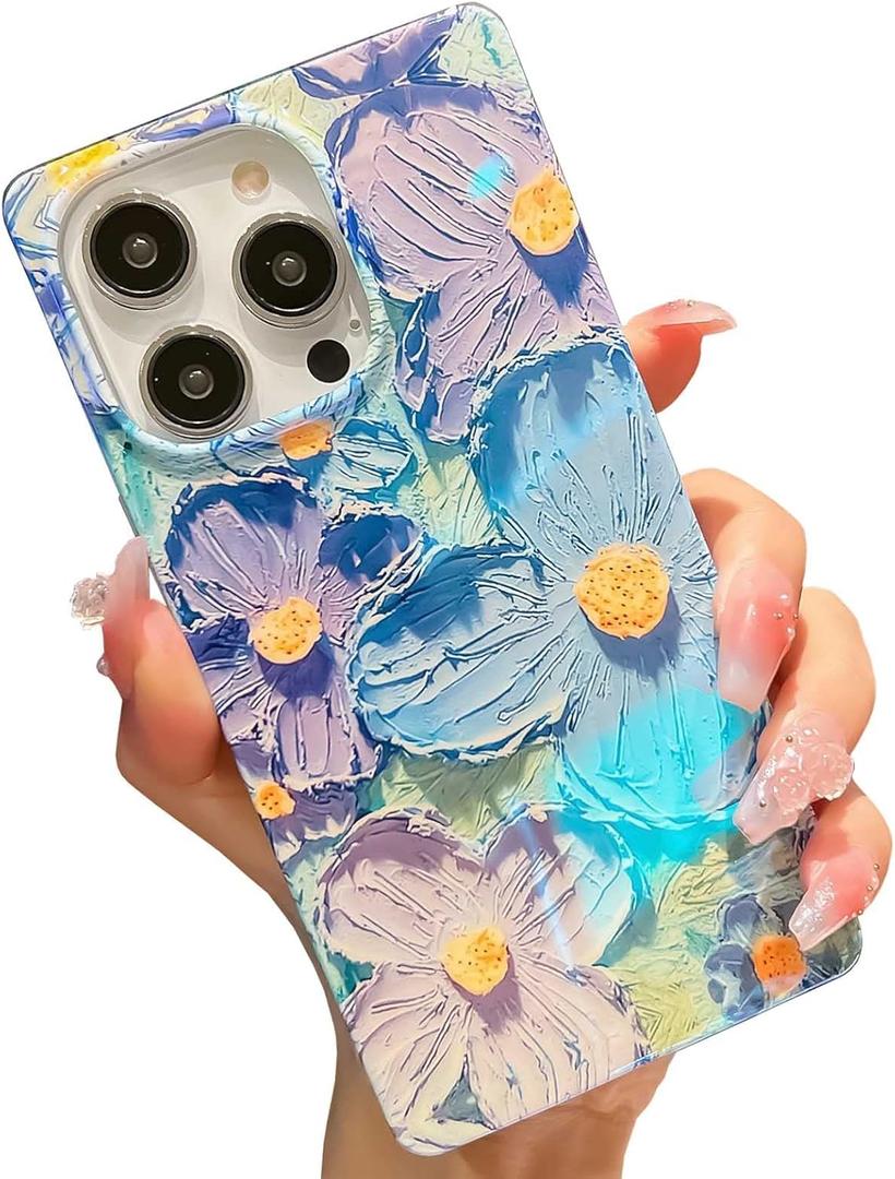 KERZZIL Cute Blu-ray Flower Compatible with iPhone 13 Pro Case Rectangle Edge,Lovely Camellia Floral Anti-Drop Protective Durable Soft TPU Cases Back Cover