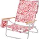 5-Position Low Beach Chair, Portable Lightweight Folding Beach Chair with Wooden Armrests, Storage Pouch & Carry Strap, Coastal Beach Print Reef Crimson