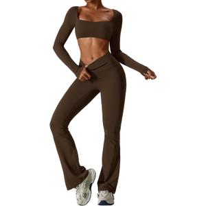 ABOCIW Workout Sets for Women 2 Piece Square Neck Long Sleeve Crop Tops High Waist Flared Leggings Gym Sets (Small)