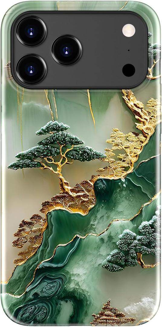 Goodon for iPhone 17 Pro Case Cute - Wireless Charging Compatible - Dual-Layer Hard Shell + Silicone Cover - Protective Phone Case with Trendy Designs for Women - Gold Inlaid Jade Carving