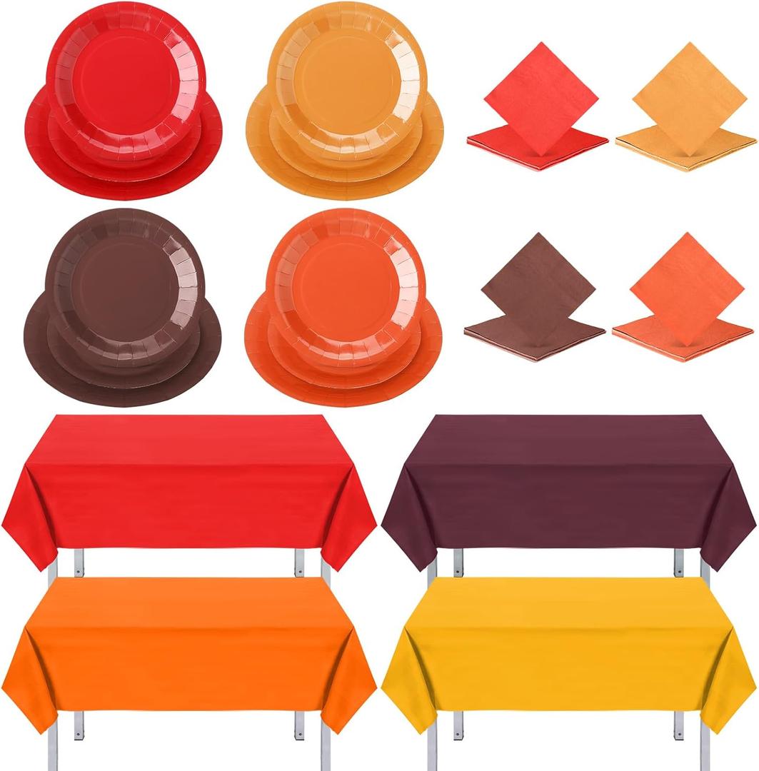 Yungyan 148 Pcs Fall Party Table Decorations Set Thanksgiving Plastic Rectangle Tablecloth Disposable Paper Plates and Napkins Kits for Autumn Harvest Orange Festival Party Table Supplies