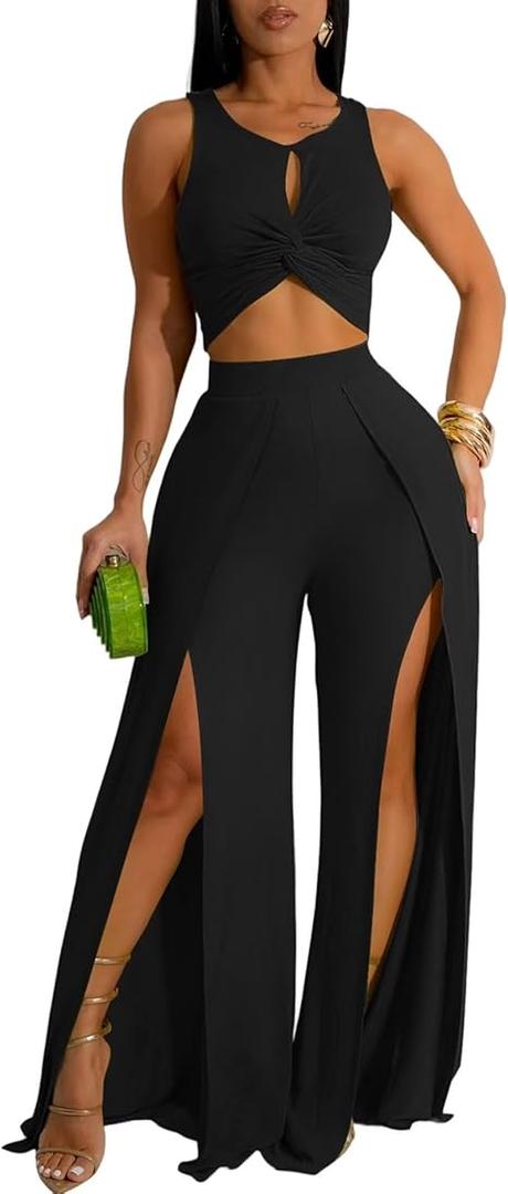 Ekaliy Women's 2 Piece Outfit Sexy Crop Tank Top and High Split Wide Leg Pants Sets Elegant Vacation Jumpsuits Going Out Suit XXL, Black