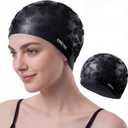 Women Swim Cap 2 Pack for Long Hair, Silicone Flower Adult Swiming Caps Waterproof for Girl Youth No Wet Hair (Black)