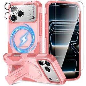 3 in 1 for iPhone 17 Pro Max Case [Compatible with MagSafe] [Invisible Kickstand] [HD Screen Protector] [Camera Lens Protector], Protective Magnetic Phone Cover for iPhone 17 Promax (Pink)