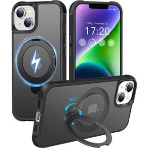 HuwaiH 360 Rotatable Magnetic Ring Stand for iPhone 14 Plus Case, Compatible with MagSafe, Military-Grade Shockproof, Anti-Scratch Matte Translucent Phone Case for iPhone 14 Plus(Black)