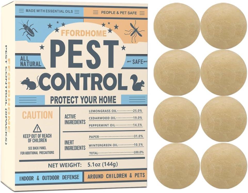 Pest Control Balls - Peppermint Pest Repellent for Mouse, Mice, Rats, Ants, Roaches, Moths & More - Strong Repel Indoor & Outdoor Mouse & Mosquito Deterrent - 8 Balls, 0.65 Ounce (Pack of 8)