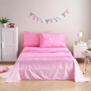 JSD Gradient Pink Moon Stars Kids Sheet Set Full Size, 4 Piece Space Theme Microfiber Sheets Deep Pocket
