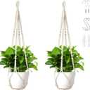 Macrame Plant Hanger Set of 2, 35 Inch Indoor Hanging Planter with 4 Hooks, Macrame Plant Hangers for Pots, No Tassels Boho Home Decor, Ivory (Pots Not Included)