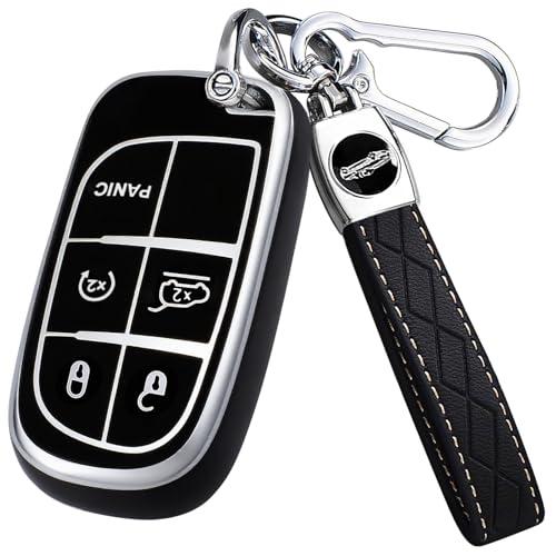 Key Fob Cover for Jeep - Premium Soft TPU Shell Full Protection Case with Keychain, Fits Grand Cherokee Compass Renegade Chrysler Dodge RAM Durango Challenger Journey Dart Fiat, Black-Silver, 5-Button