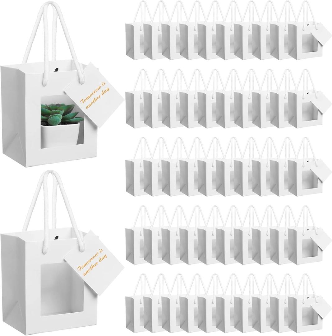 Fuutreo 50 Pcs White Kraft Paper Gift Bags with Window 4 x 2.75 x 4.5 In, Handles & Tags for Wedding, Valentine's, Mother's Day Gift Wrap