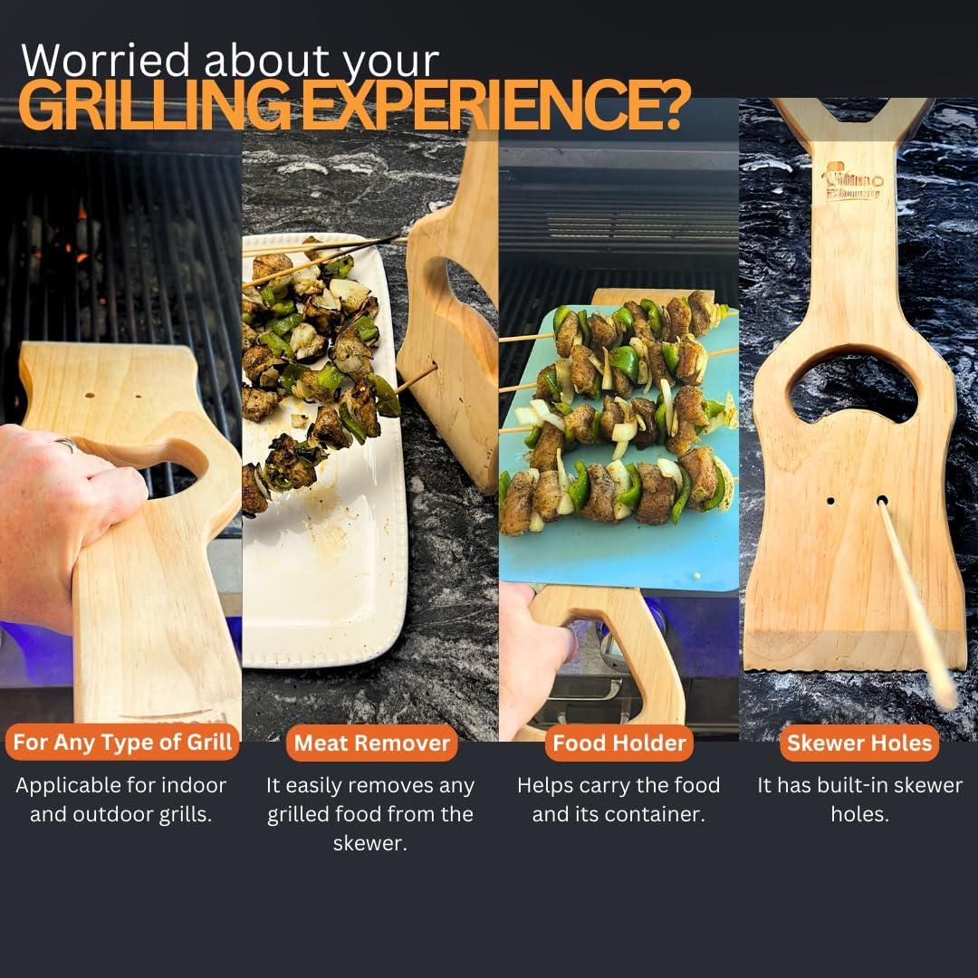 Premium Wood Grill Scraper - Wooden BBQ Grill Scraper, Barbecue Cleaner Tool, Enjoy Safe & Bristle Free Barbecue for Outdoor Grill |Includes 12" Bamboo Skewers (100 Pcs)
