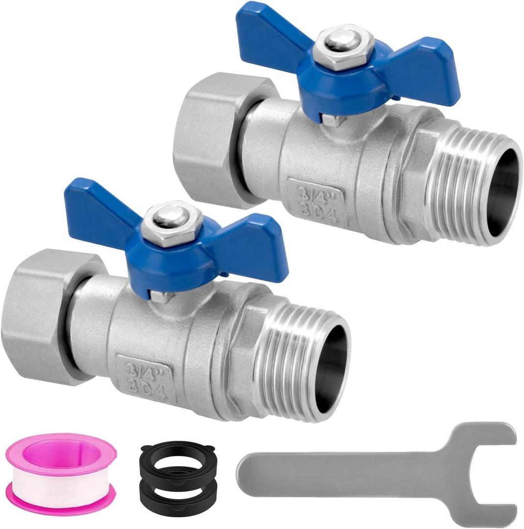 304 Stainless Steel Garden Hose Shut Off Valve, 2 Packs Heavy Duty Lead-Free Water Hose Shut Off Valve, 3/4'' GHT Full Flow Hose Ball Valve Adapter Coupling with 360-Degree Rotatable Connector