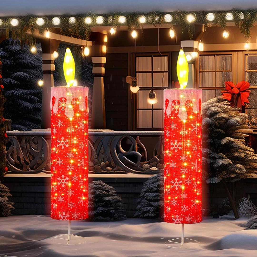 2pcs 5.2 ft Christmas LED Candle Decoration with Flickering Flame, Red Glitter 3D Design, Prelit Outdoor Decor for Yard, Porch, Holiday Party
