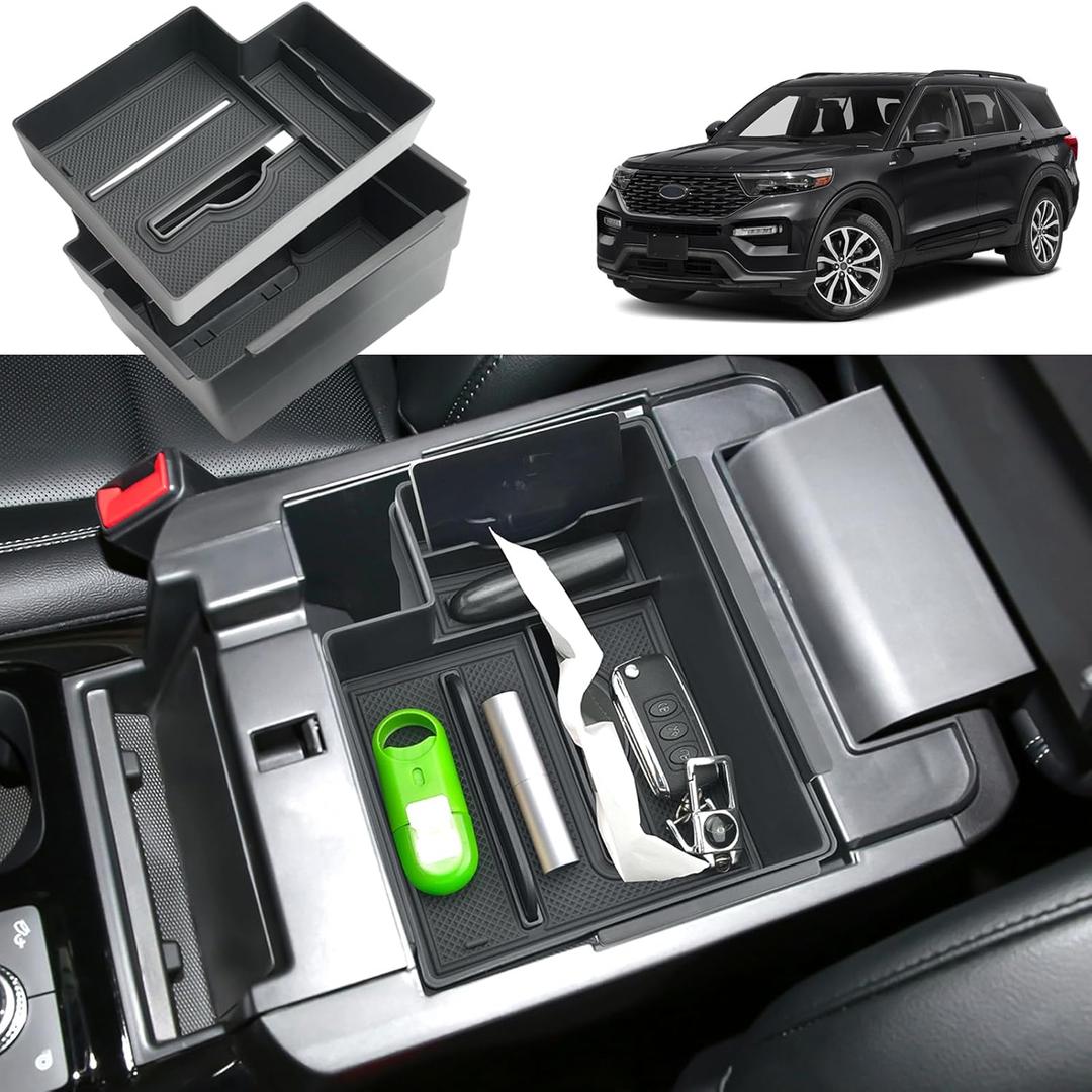 Double Layer 2020-2025 Explorer Center Console Organizer for Ford Explorer All Trims (Active/ST-Line/Platinum/ST), Durable ABS Plastic 2023 2024 2025 Explorer Armrest Tray, Tissue Box Holder