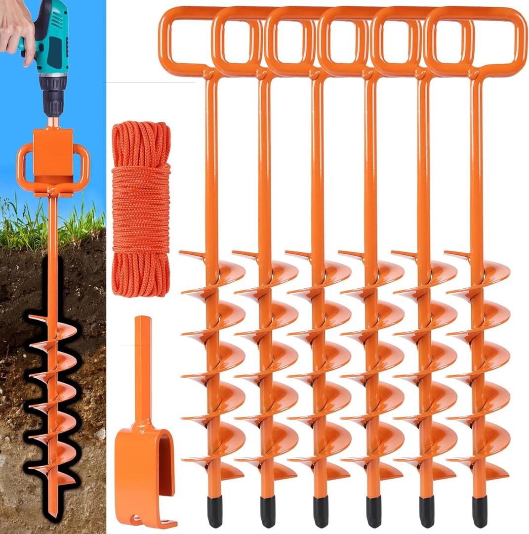 2025 Heavy Duty Ground Anchors Screw in - Tent Stakes Heavy Duty, Orange Spiral Stakes for Trampoline, Camping & Hard Ground, Mobile Home Anchors (6 PCS, 15in)