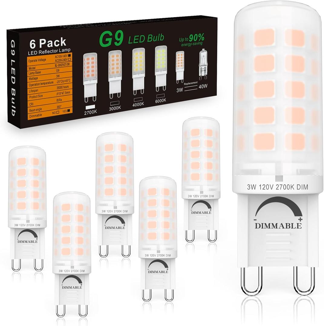 BAOMING G9 LED Bulb Dimmable 3W, 40 Watt T4 G9 Halogen Equivalent, 2700K Soft Warm White, 120V No-Flicker, Chandelier Lighting 420LM (6 Pack)