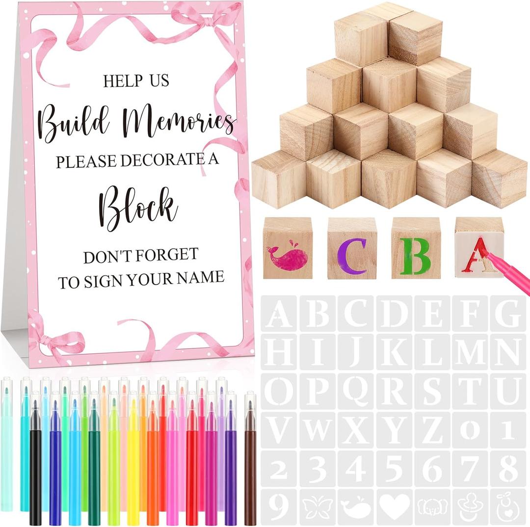 147 Pcs Baby Shower Blocks Games Sets, 80 DIY Blank Wooden Block 42 Stencils 24 Watercolor Marker 1 Decorate a Block Game Sign for Gender Reveal Baby Shower Party Supplies (Pink Ribbon)