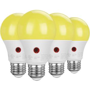 DEWENWILS A19 Dusk to Dawn LED Outdoor Light Bulb, Yellow Bug Light Bulbs for Outside, 2000K Amber Glow, 9W Equivalent 60W, E26 Base, LED Amber Light Bulbs for Porch, Patio, Backyard, 4 Pack UL Listed