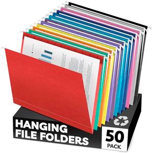 Hanging File Folders - (50 Pack), by Paper Plan, 8.5 x 11 Letter Size, 12 Assorted Colors, V-Base - Ideal for Easy and efficient Document Organization