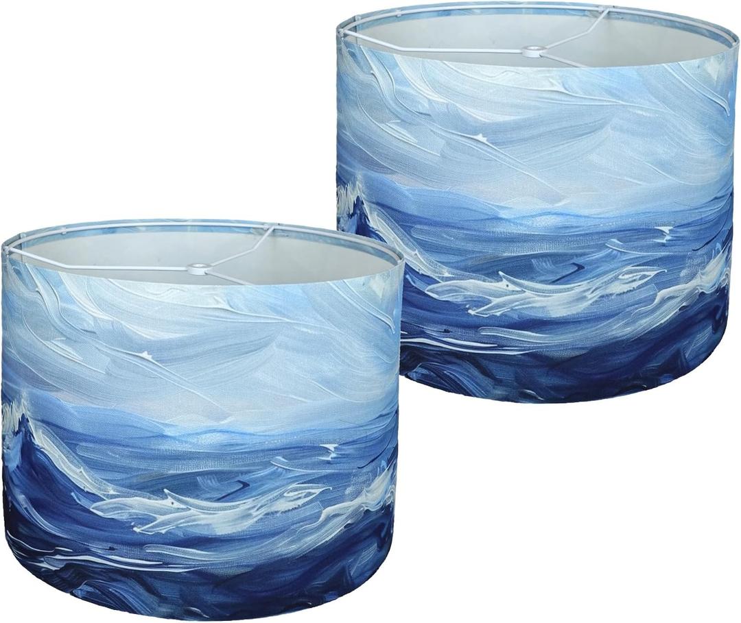 Decorative Lamp Shade Polyester Fibre Printed Drum Shade for Table Lamp & Bedside Lamp, 13 "Top x 13" Bottom x 10 "Height,Includes 2pcs (Sea Waves)